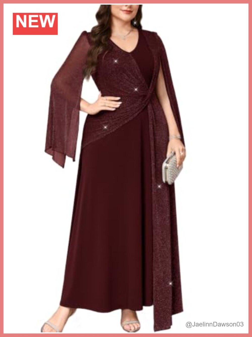Plus Size Formal Evening Gown Glitter Mesh Cape Sleeve V Neck Maxi Dress